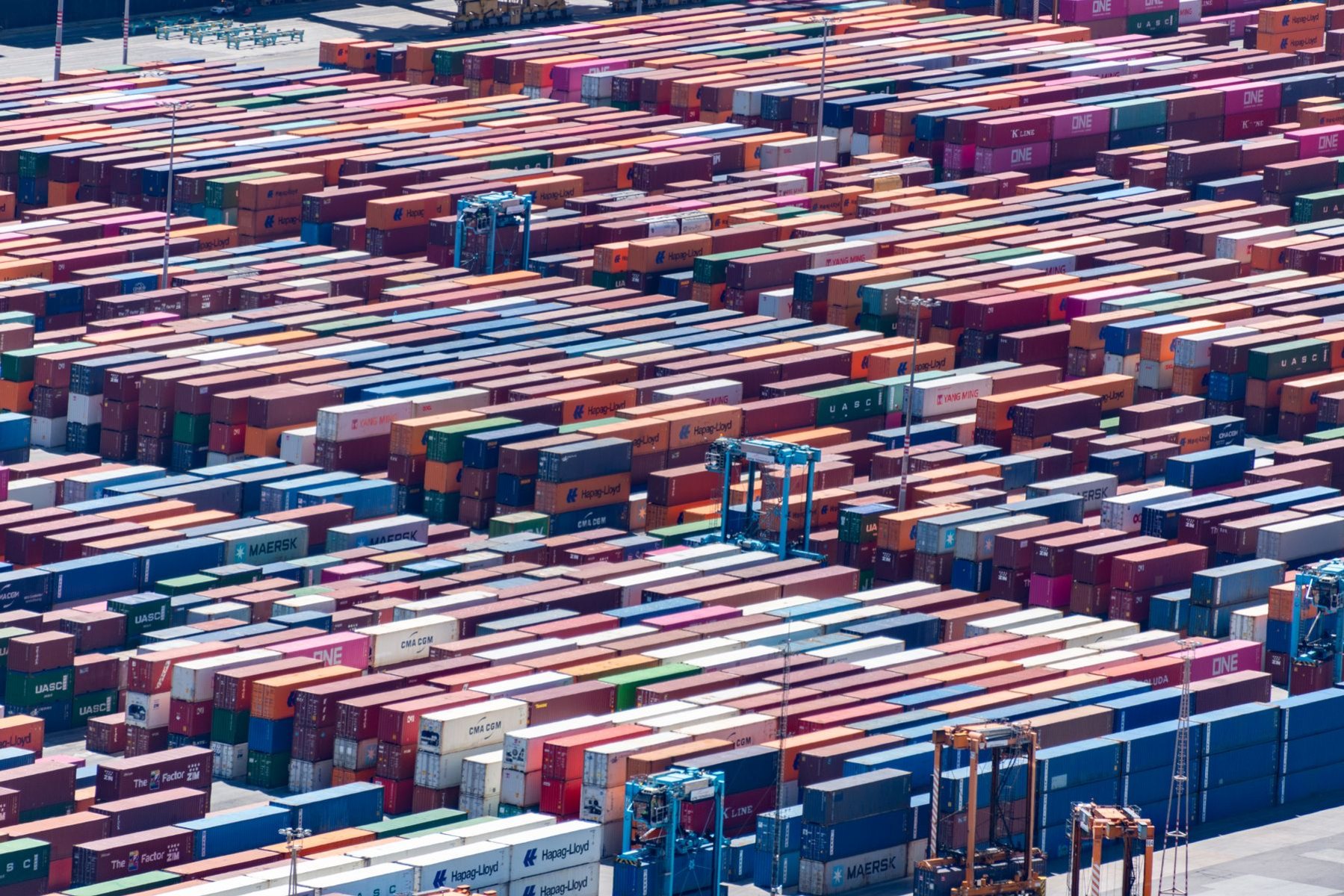 Shipping containers arranged at a freight terminal