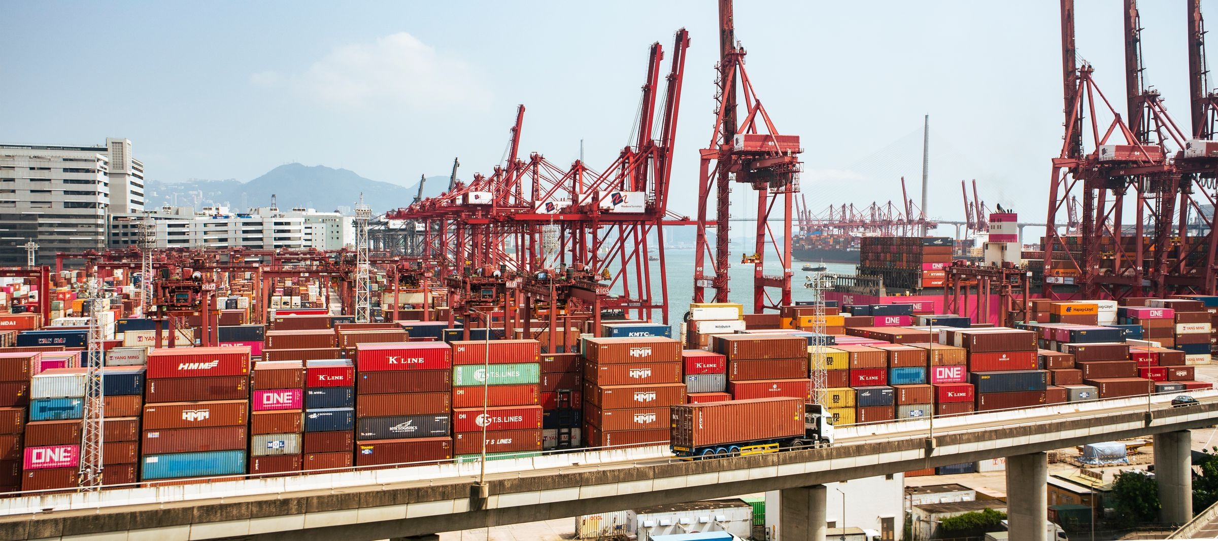 Container cranes and cargo stacks at a port terminal