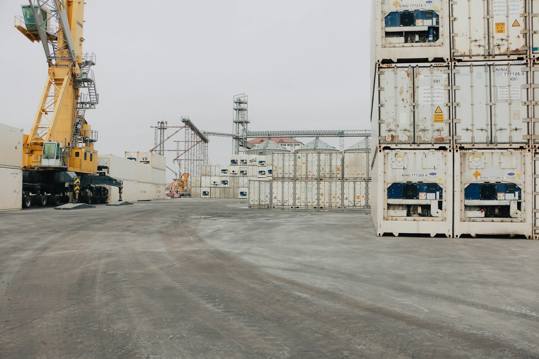 Stacked refrigerated intermodal shipping containers in port yard, with refrigeration machinery visibly integrated in container ends and port crane at left