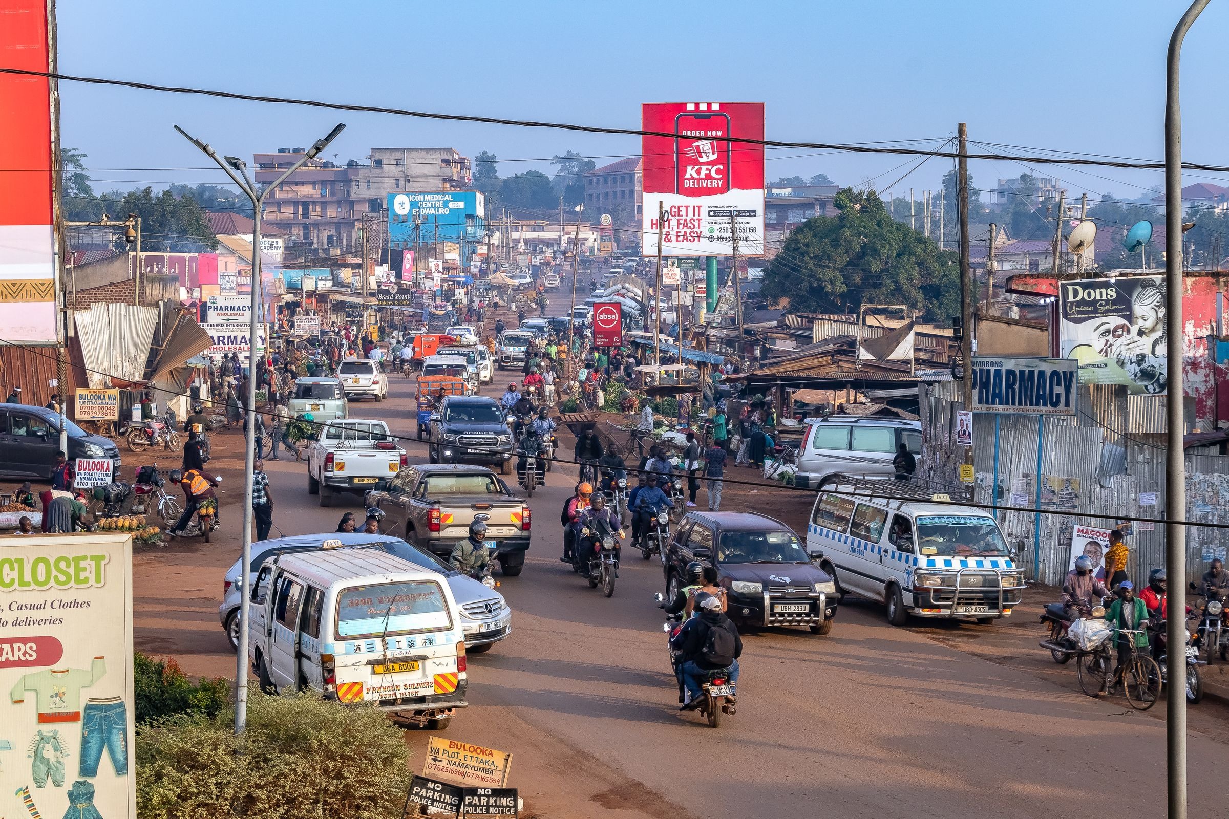 A busy urban road in Kampala, Uganda